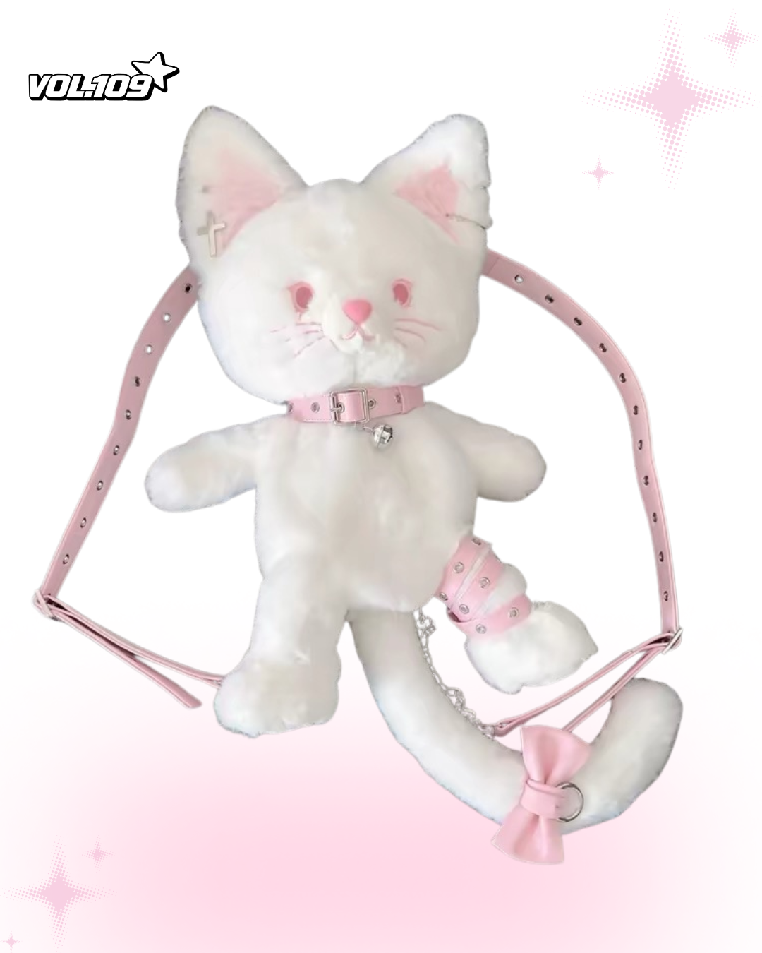 White plush cat crossbody bag with pink collar, tail bow and strap