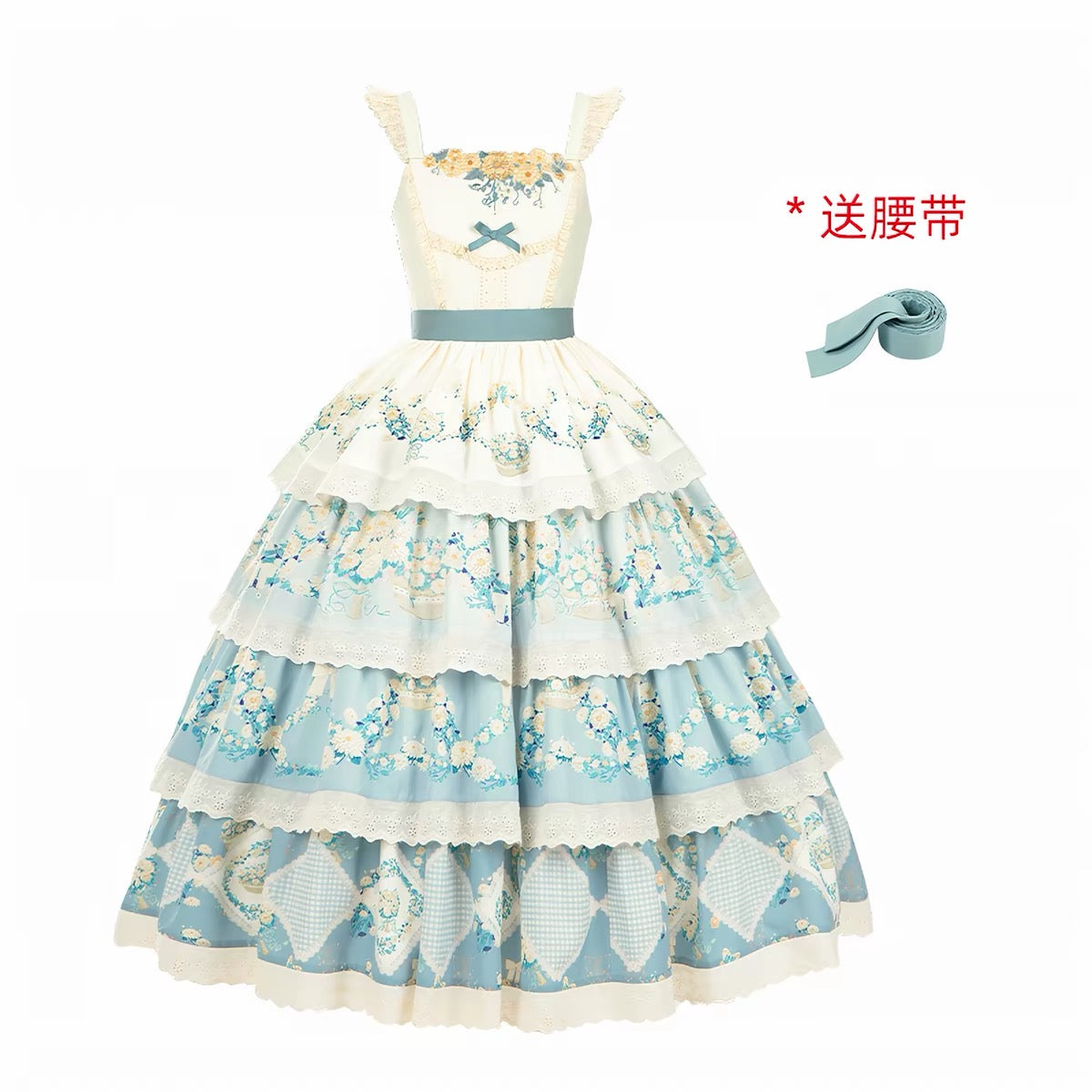 With Puji blue floral Lolita JSK with included waist belt