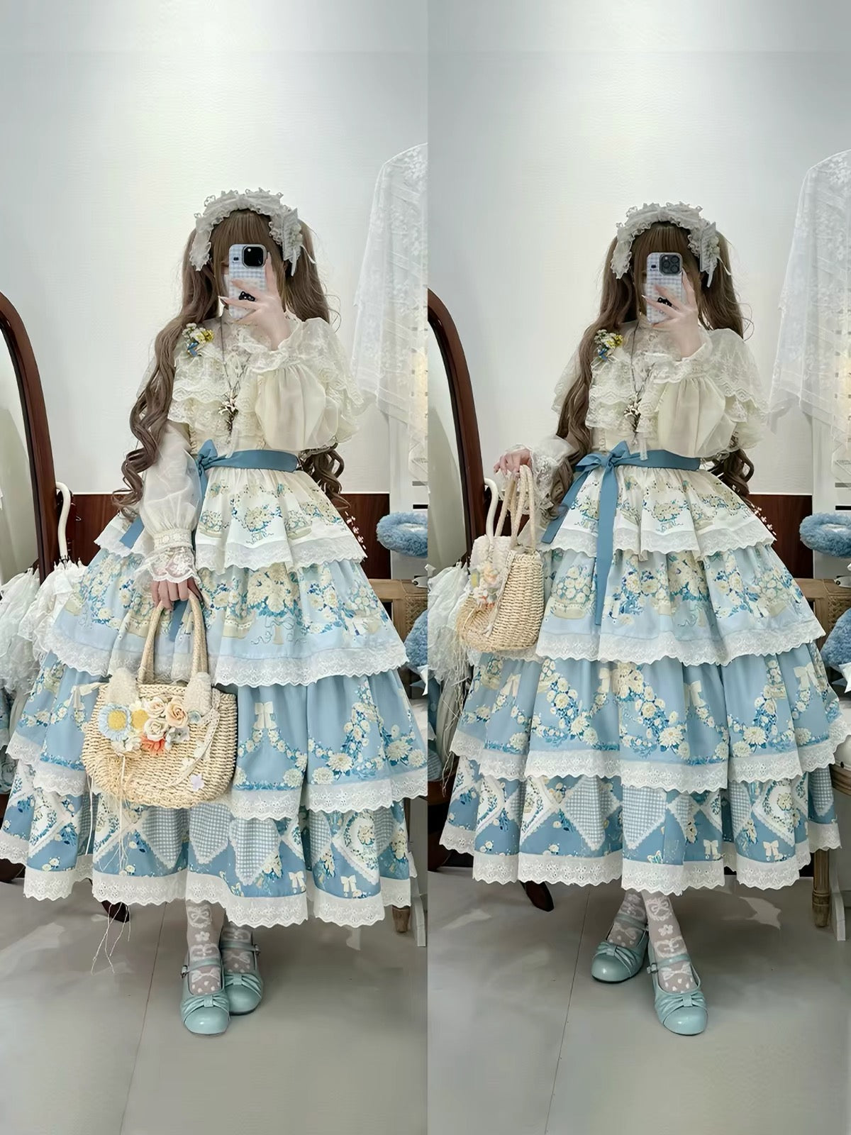 With Puji blue floral Lolita JSK styled outfit