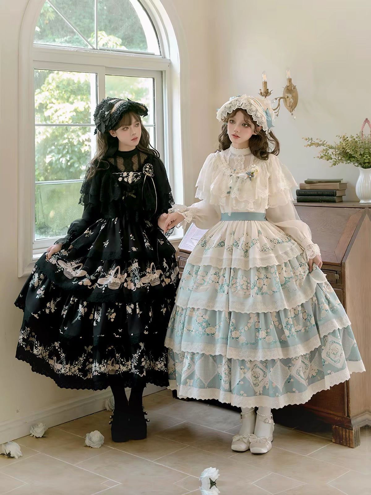 With Puji blue floral Lolita JSK in classic Lolita styling