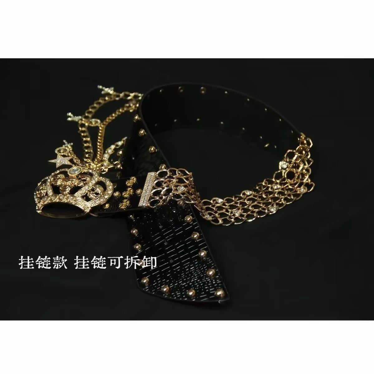 WWWIN black belt without fur featuring a gold-tone rhinestone crown buckle and detachable hanging chains