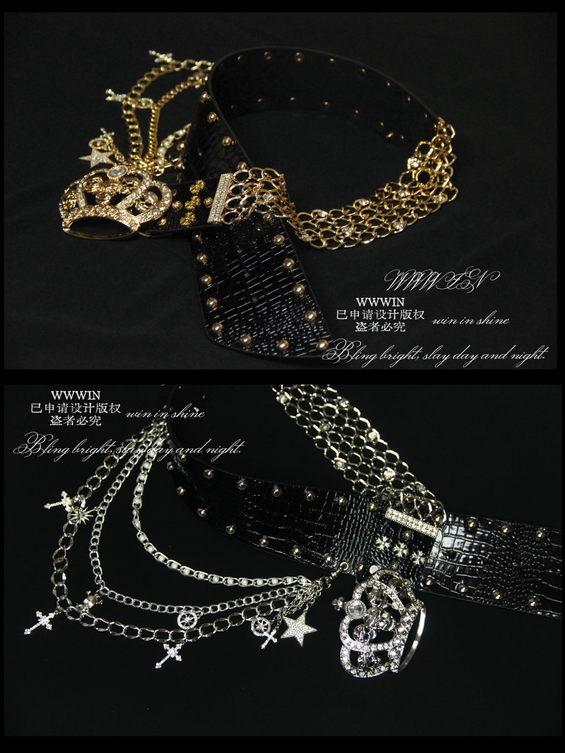 WWWIN black croc-embossed crown chain belt without fur, shown with gold-tone and silver-tone hardware