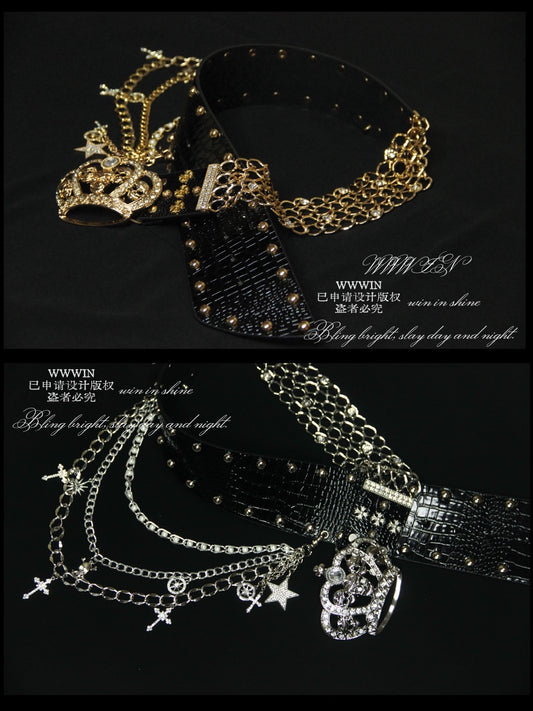 WWWIN black croc-embossed crown chain belt without fur, shown with gold-tone and silver-tone hardware