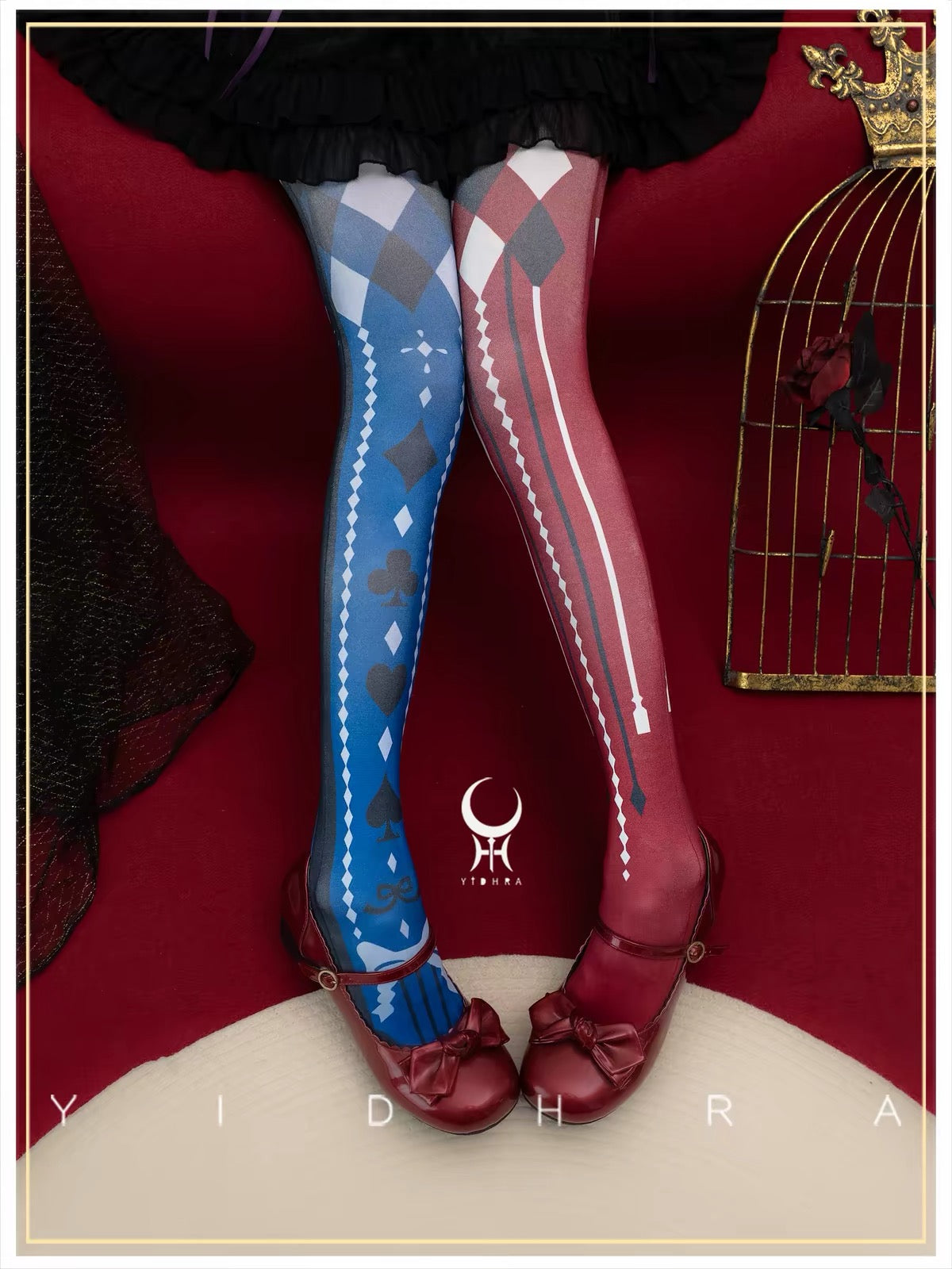 Black and blue asymmetric playing card tights