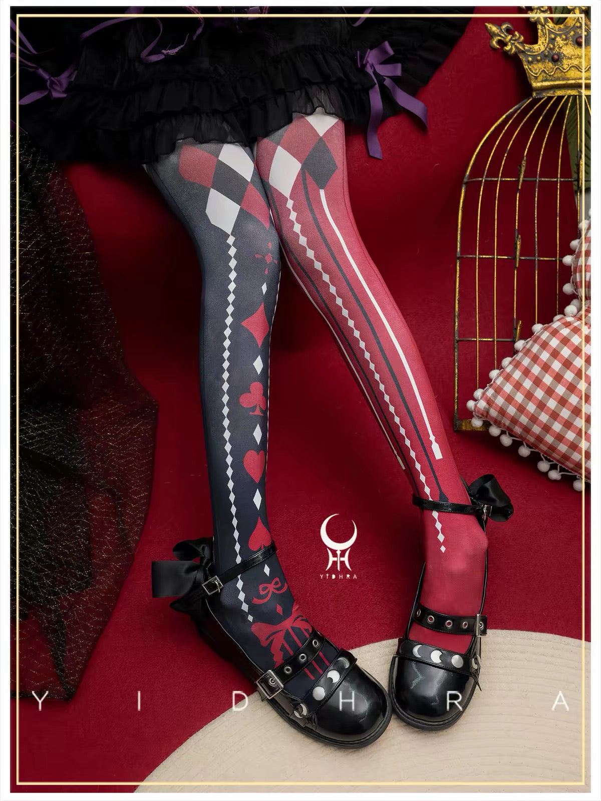Black and white asymmetric playing card tights