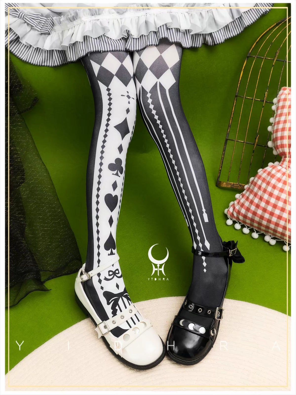 Blue and red asymmetric playing card tights